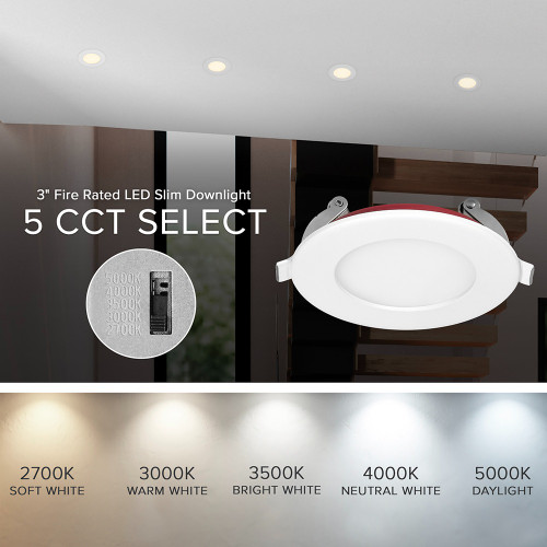 3 in. 2 Hour Fire Rated Slim Recessed LED Downlight, Canless IC Rated, 600 Lumens, 5 CCT Color Selectable 2700K-5000K
