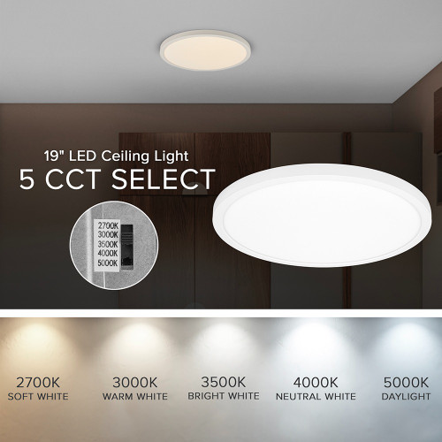 19 in. LED Flush Mount Ceiling Light, 5 CCT 2700K-5000K, 2500 Lumens, Dimmable