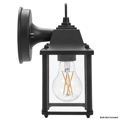 Porch Lantern Outdoor Wall Light, Black w/ Clear Glass, Exterior Sconce Light, E26 Socket, Bulb Not Included - 9 in. Height