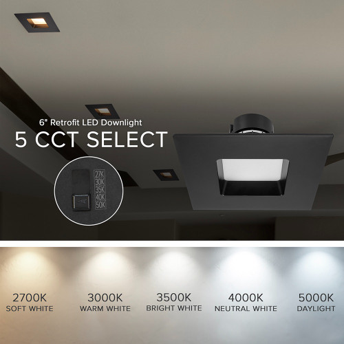 6 in. 5 CCT Retrofit Square Recessed LED Downlight, Black, Trim, 950 Lumens, Color Selectable 2700K-5000K