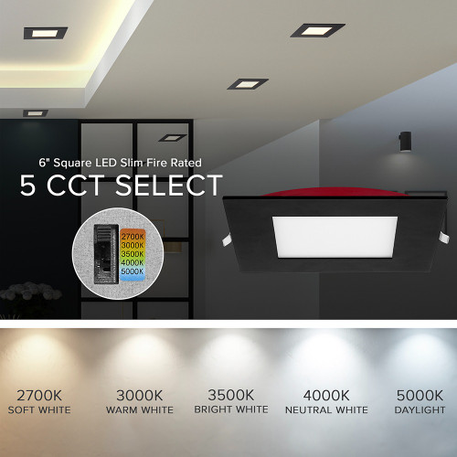6 in. 2 Hour Fire Rated Slim Square Recessed LED Downlight, Black Trim, Canless IC Rated, 1050 Lumens, 5 CCT Color Selectable 2700K-5000K