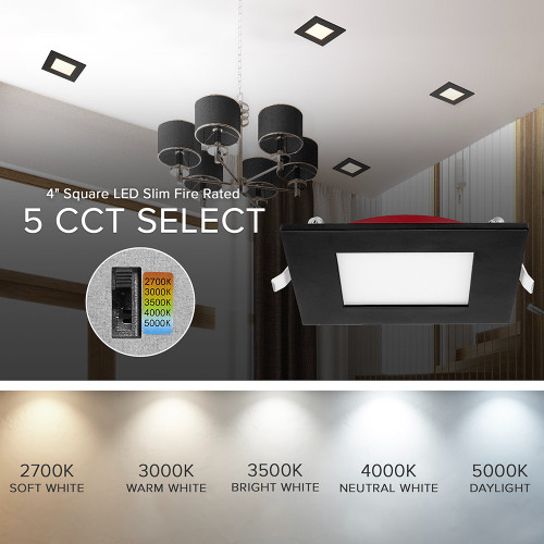 4 in. 2 Hour Fire Rated Slim Square Recessed LED Downlight, Black Trim, Canless IC Rated, 800 Lumens, 5 CCT Color Selectable 2700K-5000K