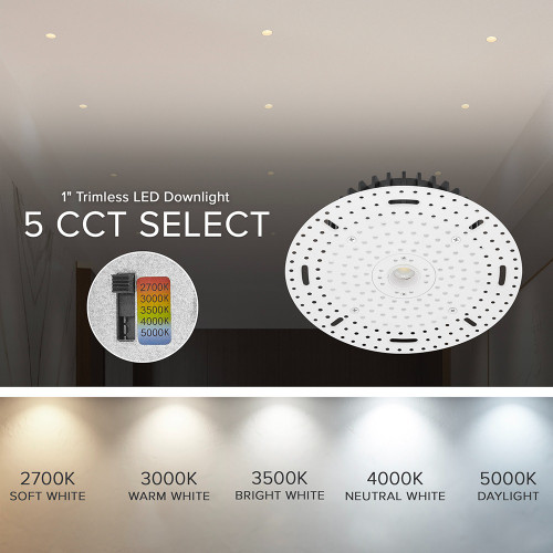 1 in. Trimless Pinhole Round Recessed Anti-Glare LED Downlight, White, Canless IC Rated, 1050 Lumens, 5 CCT 2700K-5000K