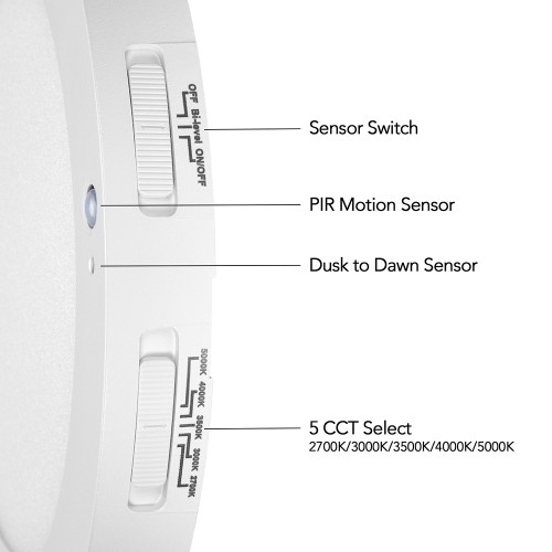 7 in. Round PIR Motion Sensor LED Ceiling Light Fixture, Flush Mount, 5 CCT 2700K-5000K, 1200 Lumens