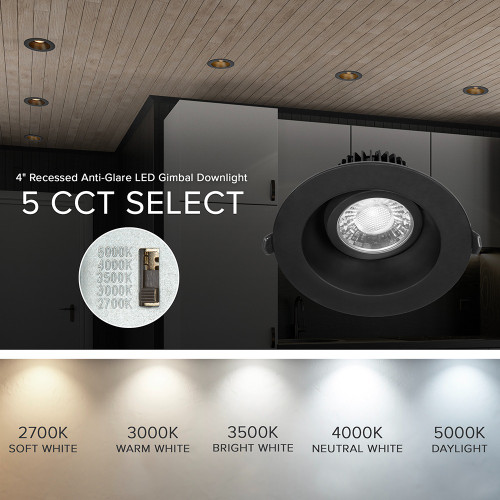 4 in. Adjustable Recessed Anti-Glare LED Gimbal Downlight, Black Trim, Canless IC Rated, 1050 Lumens, 5 CCT 2700K-5000K, 360° Rotation