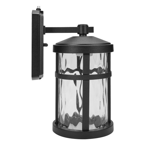 LED Outdoor Wall Light, Black Finish, Clear Hammered Glass, Dusk to Dawn Sensor, 750 Lumens, 3000K Warm White - 13 in. Height