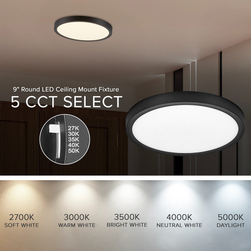 9 in. Black LED Flush Mount Ceiling Light, 5 CCT 2700K-5000K, 1600 Lumens, Dimmable