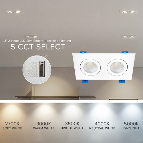 2 in. 2 Head LED Slim Square Recessed Floating Gimbal Downlight, White, Canless IC Rated, 1500 Lumens, 5 CCT 2700K-5000K