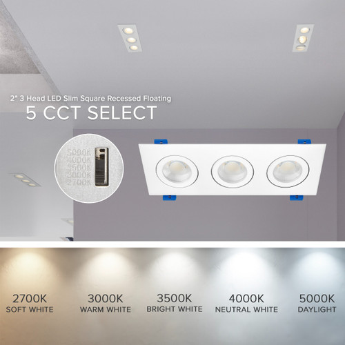2 in. 3 Head LED Slim Square Recessed Floating Gimbal Downlight, White, Canless IC Rated, 2000 Lumens, 5 CCT 2700K-5000K