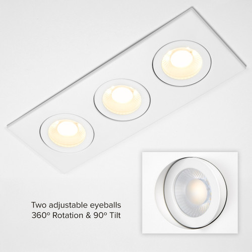 2 in. 3 Head LED Slim Square Recessed Floating Gimbal Downlight, White, Canless IC Rated, 2000 Lumens, 5 CCT 2700K-5000K