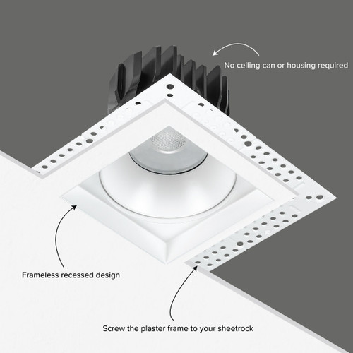3 in. Trimless Slim Square Recessed Anti-Glare LED Downlight, White, Canless IC Rated, 800 Lumens, 5 CCT 2700K-5000K