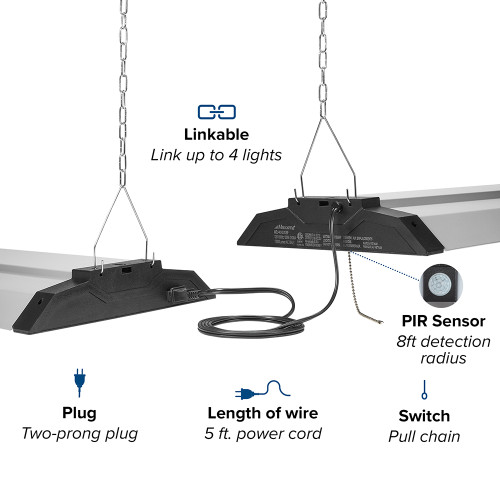 4 ft. LED Motion Sensor Shop Light Fixture, 10,000 Lumens, Linkable, Frosted Lens, 5000K Daylight