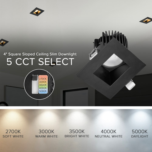 4 in. Slim Square Sloped Recessed Anti-Glare LED Downlight, Black Trim, Canless IC Rated, 1000 Lumens, 5 CCT 2700K-5000K