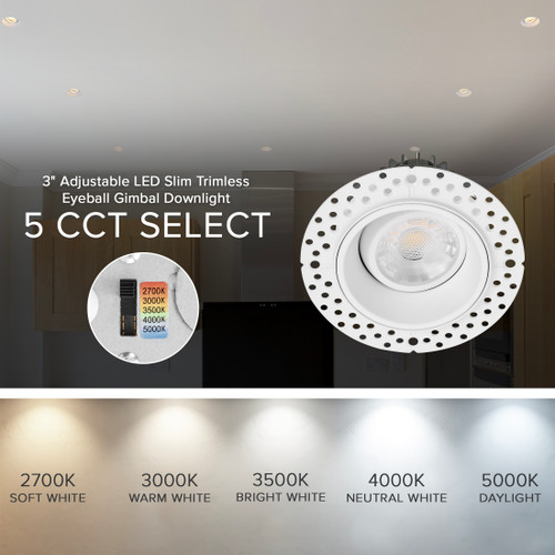 3 in. 5 CCT Adjustable LED Slim Trimless Eyeball Gimbal Downlight, 600 Lumens, Color Selectable 2700K-5000K, 360° Rotation