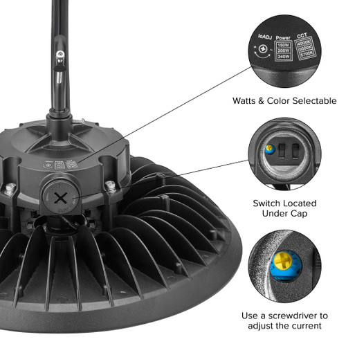 12 in. LED UFO High Bay Motion Sensor Light Fixture, Hardwired, 40,800 Lumens, 3 CCT 4000K-5700K, Selectable Wattage 150-240