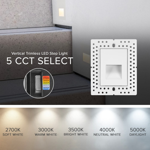 Vertical Trimless LED Step Light, Indoor/Outdoor Stair Light, 5 CCT Color Selectable 2700K-5000K, White