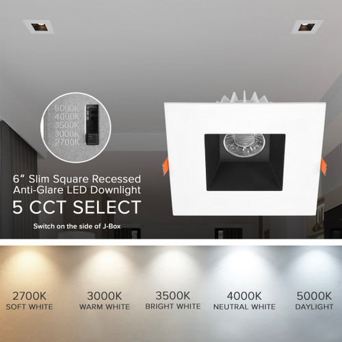 6 in. Slim Square Recessed Anti-Glare LED Downlight, White Trim Black Baffle, Canless IC Rated, 1200 Lumens, 5 CCT 2700K-5000K