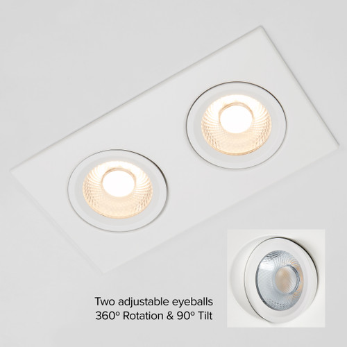 4 in. 2 Head LED Slim Square Recessed Floating Gimbal Downlight, White, Canless IC Rated, 2000 Lumens, 5 CCT 2700K-5000K