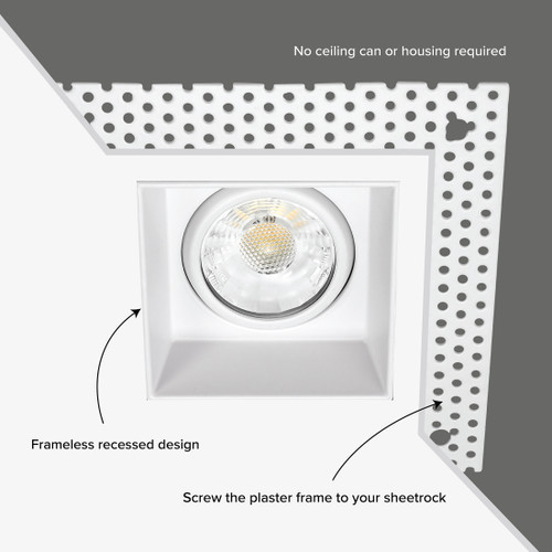 3 in. 5 CCT Adjustable Square LED Slim Trimless Eyeball Gimbal Downlight, 600 Lumens, Color Selectable 2700K-5000K, 360° Rotation