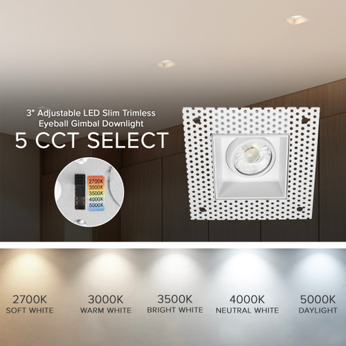 3 in. 5 CCT Adjustable Square LED Slim Trimless Eyeball Gimbal Downlight, 600 Lumens, Color Selectable 2700K-5000K, 360° Rotation