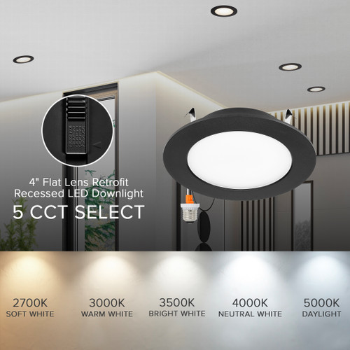 4 in. Flat Lens Retrofit Recessed LED Downlight, Black Trim, 800 Lumens, 5 CCT Color Selectable 2700K-5000K