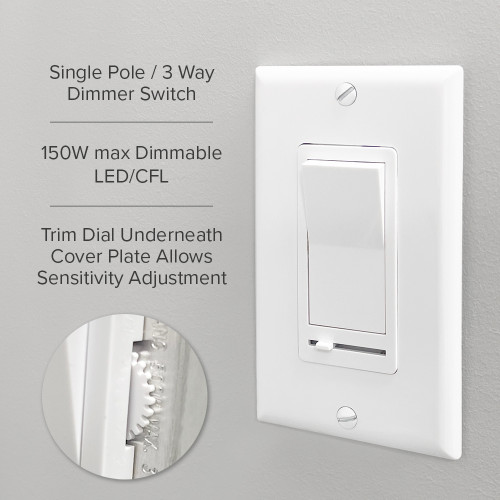 3-Way / Single Pole Decorative LED Slide Dimmer Rocker Switch, 600 Watt Max, Wall Plate Included