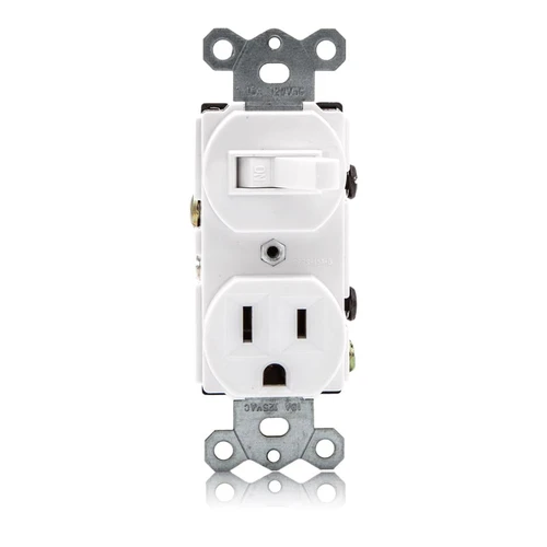 Single Pole Combination Toggle Light Switch and Outlet, White, Wall Plates Included (2 Pack)