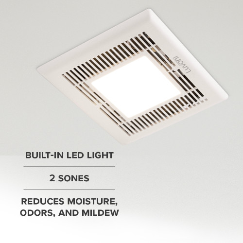 70 CFM Bathroom Exhaust Fan, 2 Sones Quiet Operation, Built-in LED Light, Ceiling Mounted