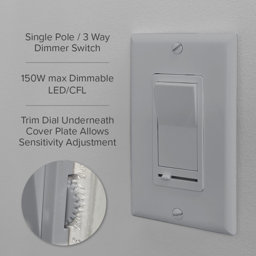 3-Way / Single Pole Decorative LED Dimmer Rocker Switch, 600 Watt, Wall Plate Included, Gray