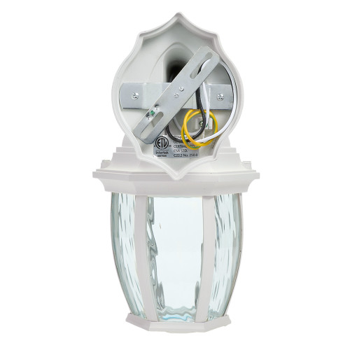 LED Outdoor Wall Light, White w/ Clear Water Glass, Dusk to Dawn Sensor, 580 Lumens, 3000K Warm White - 11 in. Height