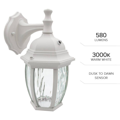 LED Outdoor Wall Light, White w/ Clear Water Glass, Dusk to Dawn Sensor, 580 Lumens, 3000K Warm White - 11 in. Height