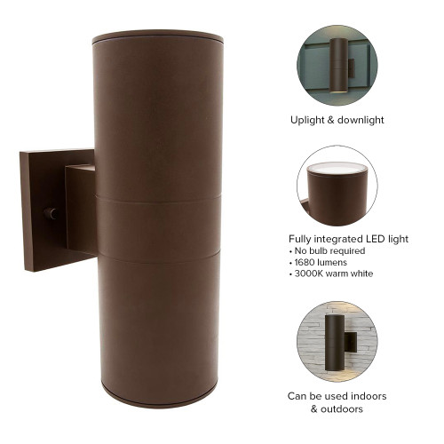 LED Cylinder Outdoor Wall Wash, Up/Down Sconce Light, 3000K, brown