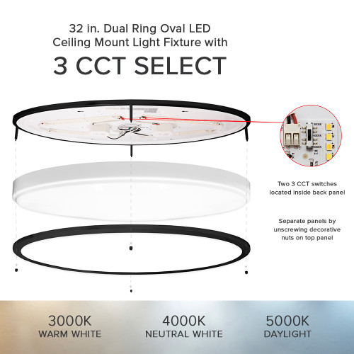 32 in. Oval LED Ceiling Mount Fixture, Dual Ring Black, Dimmable, 3 CCT 3000K-5000K, 5500 Lumens