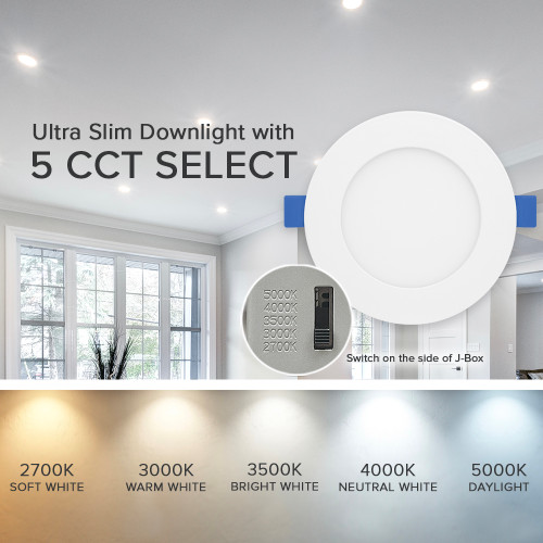 4 in. Slim Recessed LED Downlight, Canless IC Rated, 750 Lumens, 5 CCT Color Selectable 2700K-5000K