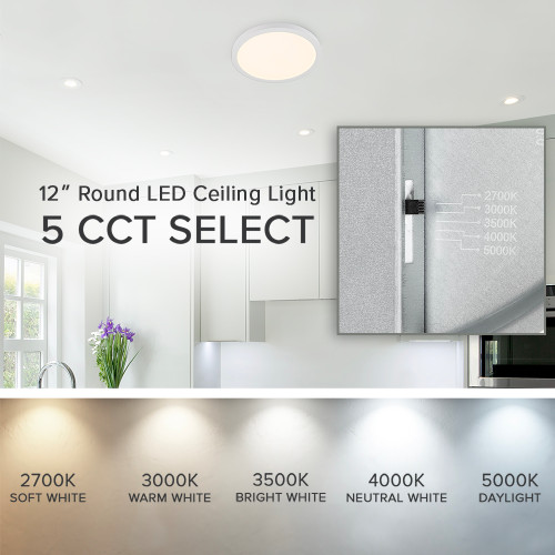 12 in. LED Flush Mount Ceiling Light, 5 CCT 2700K-5000K, 2300 Lumens, Dimmable