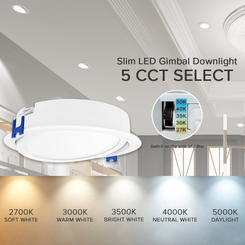 6 in. 5 CCT Slim Recessed LED Gimbal Downlight, Canless IC Rated, 1000 Lumens, Color Selectable 2700K-5000K