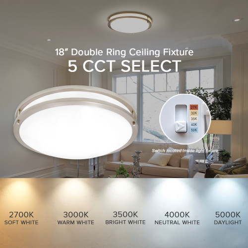 18 in. Satin Nickel LED Ceiling Mount Fixture, 5 CCT 2700K-5000K, 2000 Lumens, Dimmable