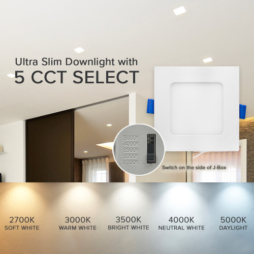 4 in. Slim Square Recessed LED Downlight, Canless IC Rated, 750 Lumens, 5 CCT Color Selectable 2700K-5000K