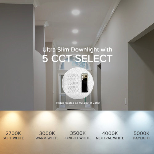 8 in. Slim Round Recessed LED Downlight, Canless IC Rated, 1600 Lumens, 5 CCT Color Selectable 2700K-5000K