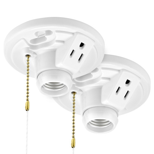 Plastic Lamp Holder w/ Outlet and Pull Chain, Medium Base (2-Pack)