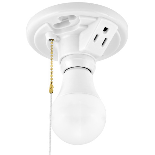 Plastic Lamp Holder w/ Outlet and Pull Chain, Medium Base (2-Pack)
