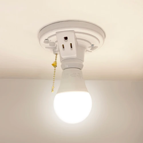 Plastic Light Bulb Socket Lamp Holder W/ Outlet And Pull Chain, One-Piece Medium Base, Outlet Box Mount, 660W (2-Pack)