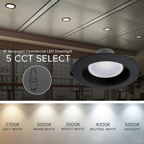 8 in. Recessed Commercial LED Downlight, Black Trim, Selectable Color Temperature / Wattage, up to 2200 Lumens
