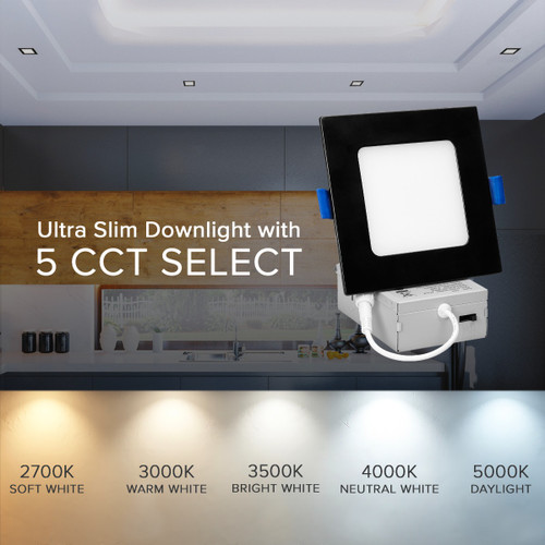 4 in. Slim Square Recessed LED Downlight, Black Trim, Canless IC Rated, 700 Lumens, 5 CCT Color Selectable 2700K-5000K