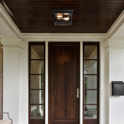 Outdoor Flush Mount Ceiling Light Fixture, Black Porch Light w/ Water Glass, Bulbs Not Included