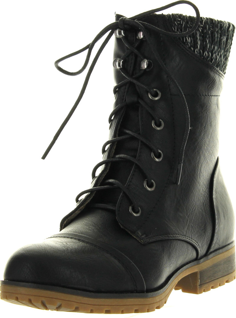 Refresh Womens Wynne-06 Combat Flat Style Lace Up Back Zipper Mid-Calf Bootie