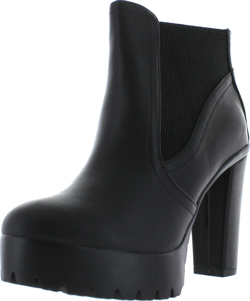 Delicious Women's Semper Faux Leather Closed Toe Elastic Side Panel Lug Platform High Heels Ankle Bootie