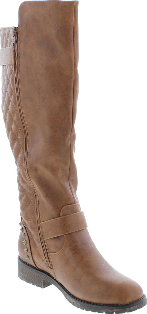 Nature Breeze Vivienne-01 Studded Quilted Leatherette Buckle Round Toe Motorcycle Boots