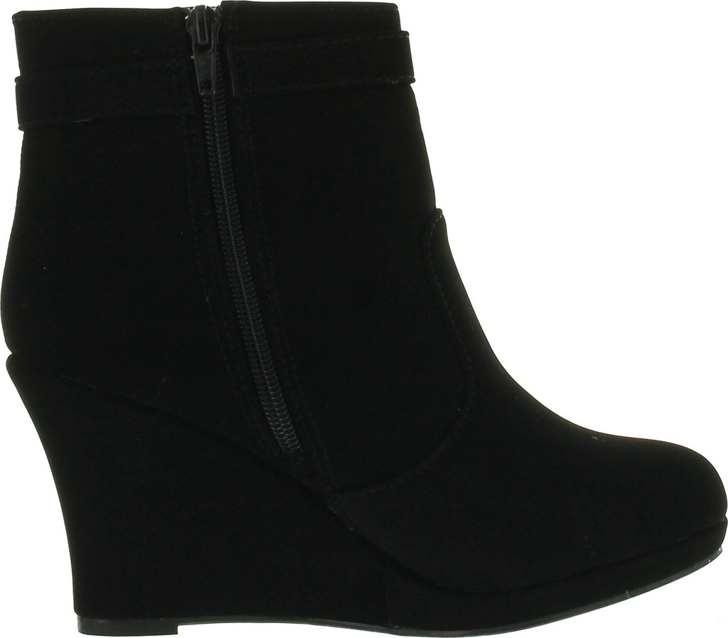 Top Moda Cotton-15 Women's Ankle High Top Stud Buckled Strap Side Zipper Platform Wedge Nubuck Booties