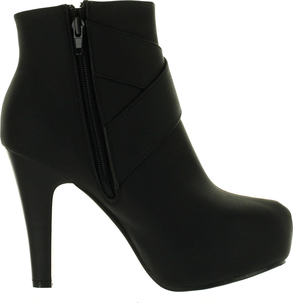 Top Moda Polish-7 Women's High Top Ankle Golden Buckled Crossing Straps Side Zip Platform High Heels Booties